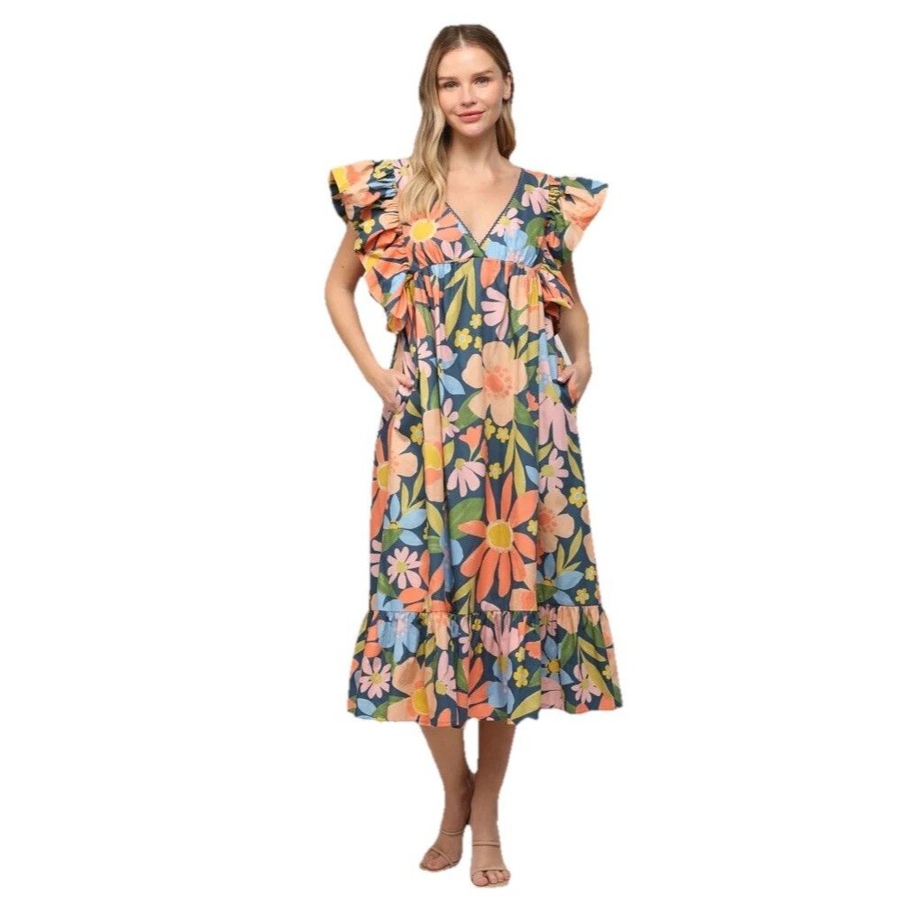 Fate Floral Midi Dress Size M Fluttering‎ Ruffle